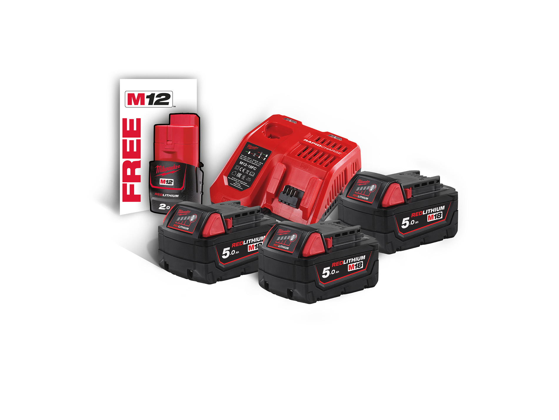 Pack MILWAUKEE M18 NRG503 18v 5ah x3 + chargeur + M12 2ah offerte